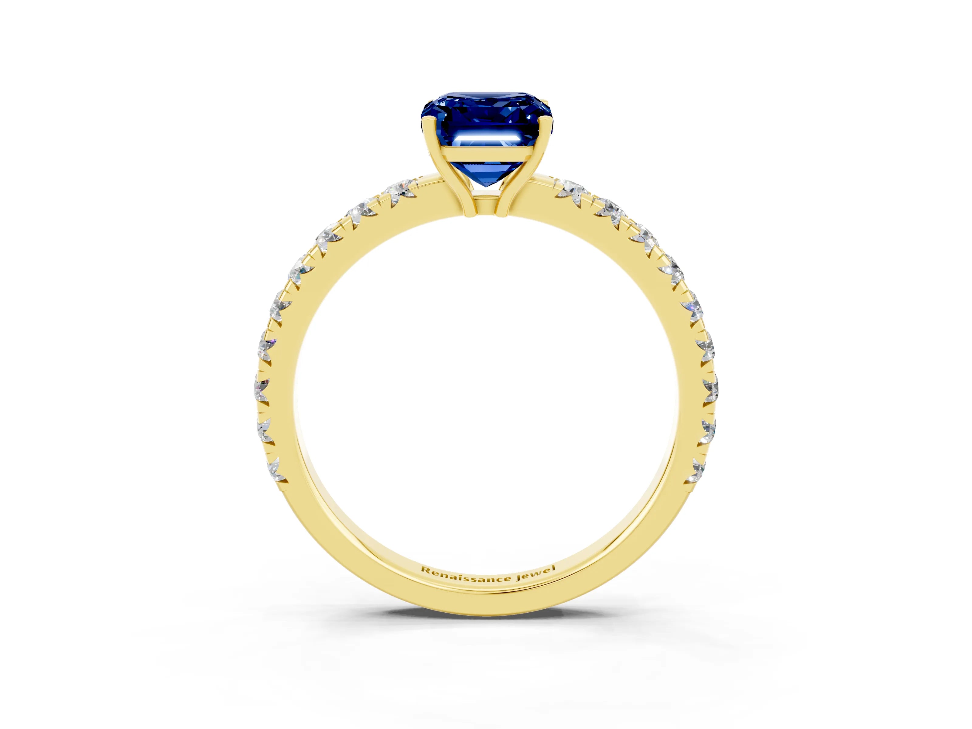 Yellow gold Emerald Cut Blue Sapphire Pavé Solitaire Engagement Ring with Four-Prong Setting_15