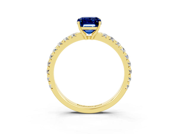 Yellow gold Emerald Cut Blue Sapphire Pavé Solitaire Engagement Ring with Four-Prong Setting