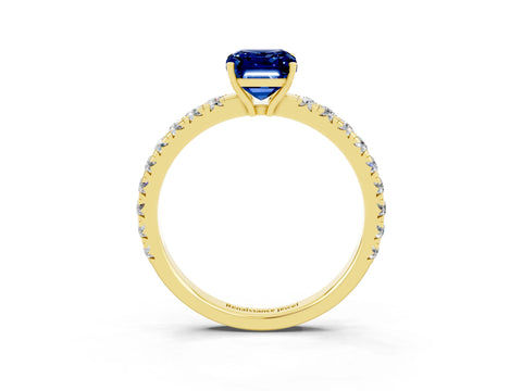 Yellow gold Emerald Cut Blue Sapphire Pavé Solitaire Engagement Ring with Four-Prong Setting_15
