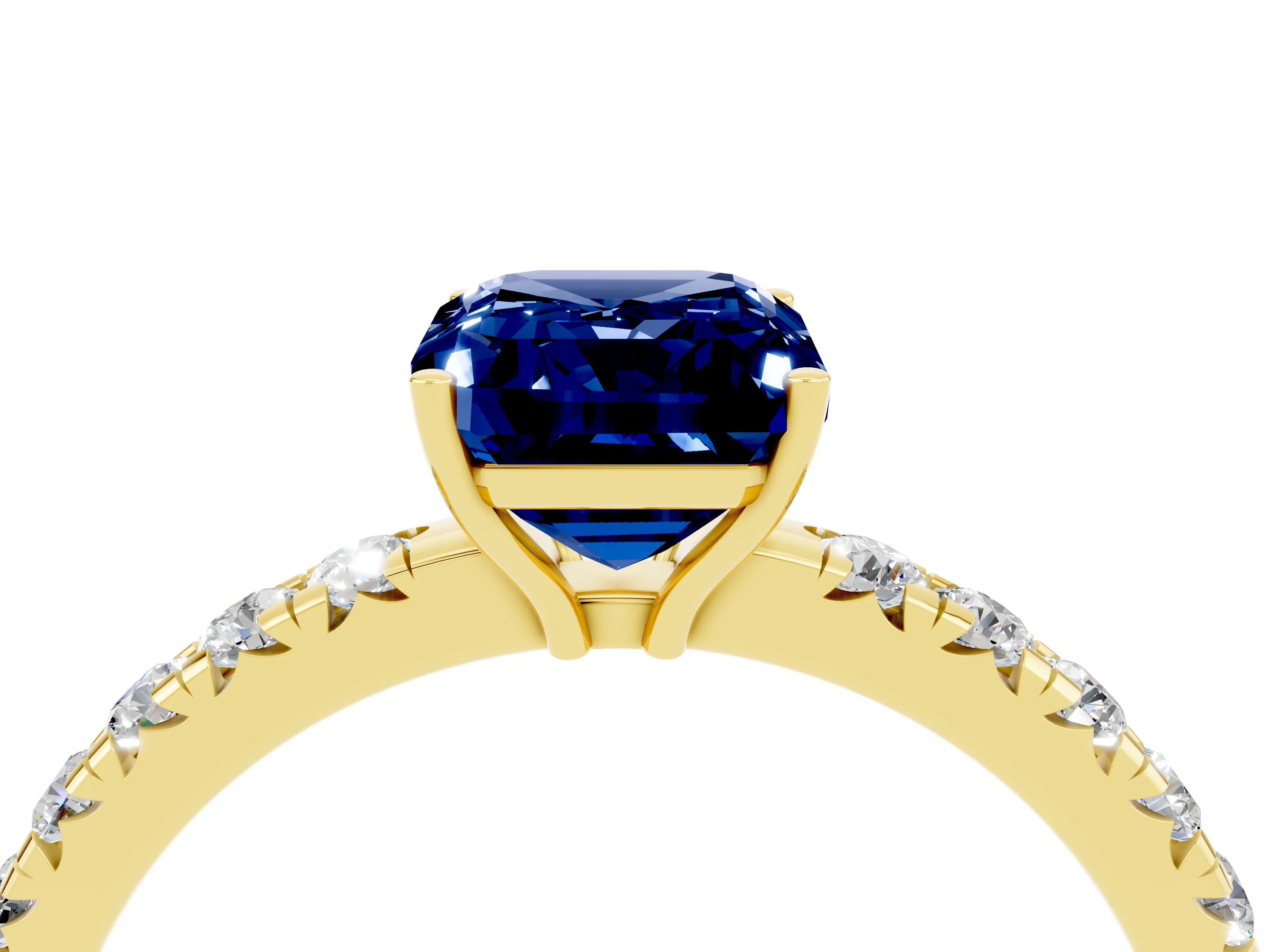 Yellow gold Emerald Cut Blue Sapphire Pavé Solitaire Engagement Ring with Four-Prong Setting_16