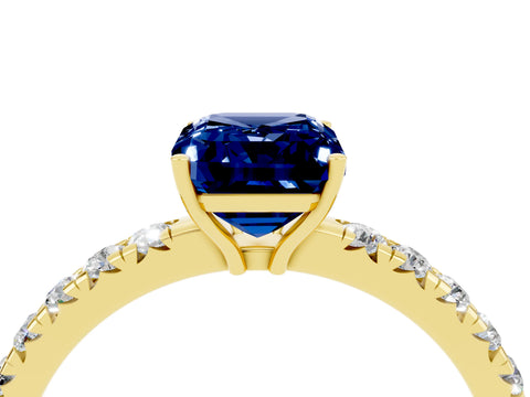 Yellow gold Emerald Cut Blue Sapphire Pavé Solitaire Engagement Ring with Four-Prong Setting_16