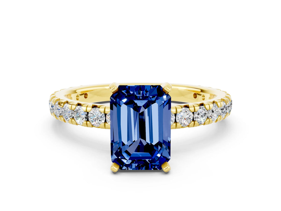 Yellow gold Emerald Cut Blue Sapphire Pavé Solitaire Ring with Round Band and Prong Setting_24