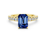 Yellow gold Emerald Cut Blue Sapphire Pavé Solitaire Ring with Round Band and Prong Setting_24