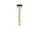 Yellow gold Emerald Cut Blue Sapphire Pavé Solitaire Ring with Round Band and Prong Setting_26