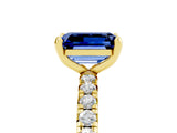 Yellow gold Emerald Cut Blue Sapphire Pavé Solitaire Ring with Round Band and Prong Setting_29