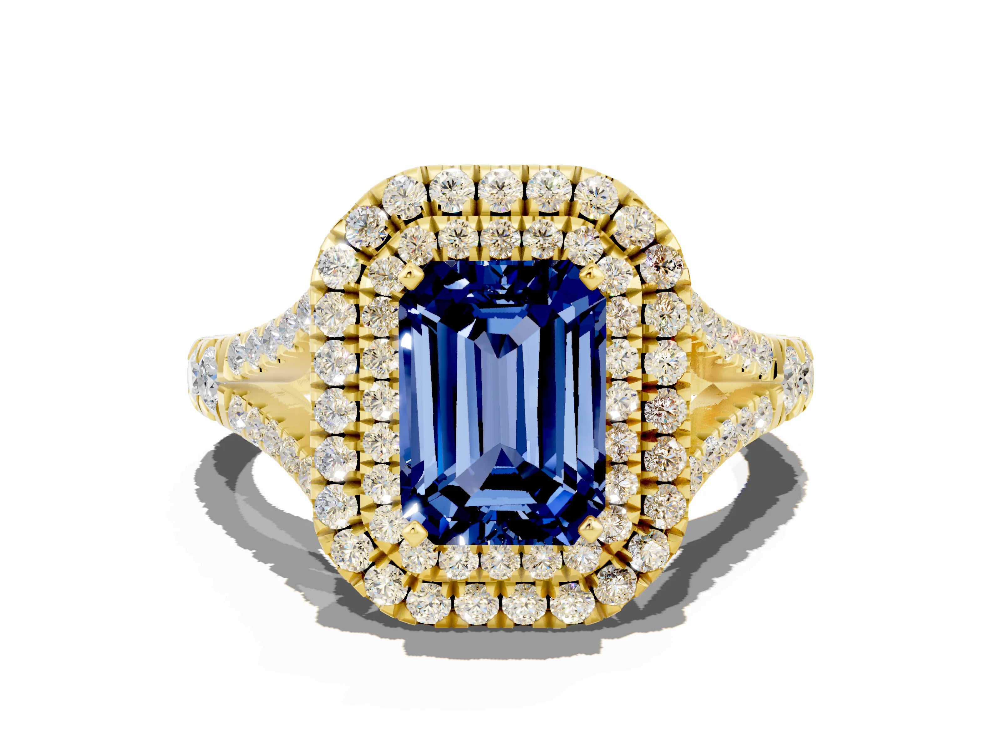 Yellow gold Emerald Cut Blue Sapphire Pavé Split Shank Double Halo Engagement Ring