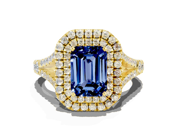 Yellow gold Emerald Cut Blue Sapphire Pavé Split Shank Double Halo Engagement Ring