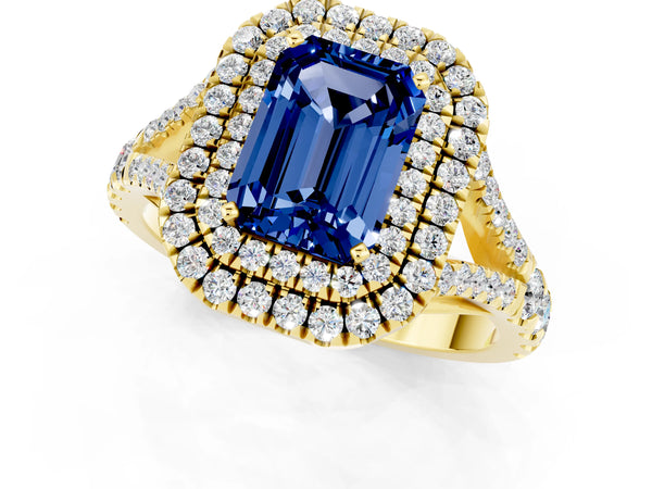 Yellow gold Emerald Cut Blue Sapphire Pavé Split Shank Double Halo Engagement Ring