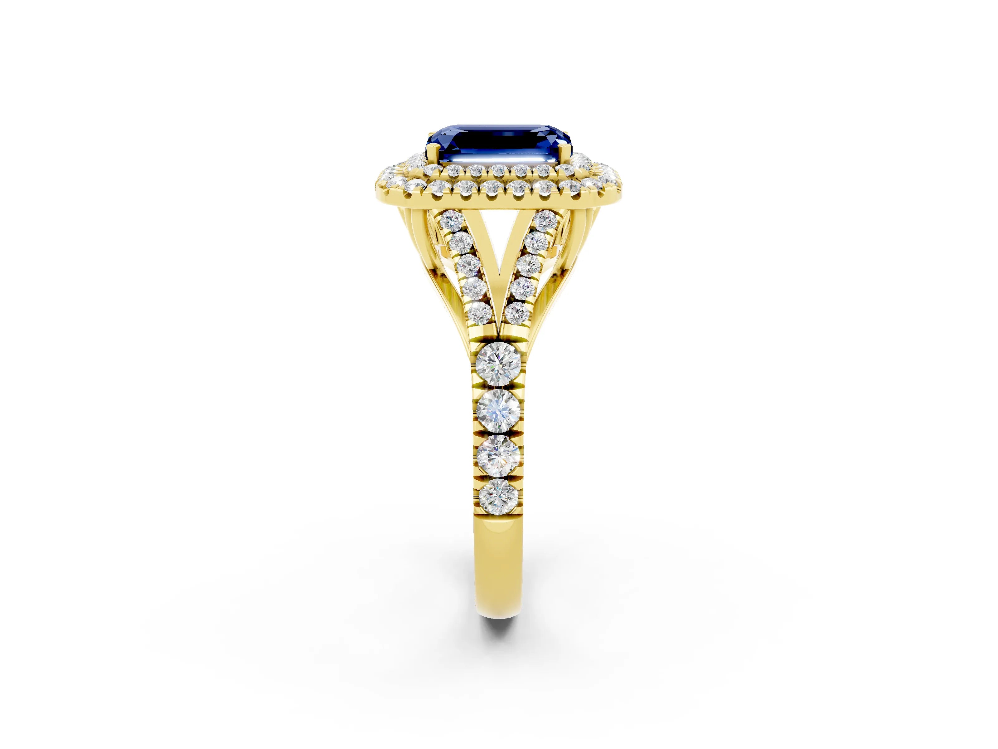 Yellow gold Emerald Cut Blue Sapphire Pavé Split Shank Double Halo Engagement Ring_2
