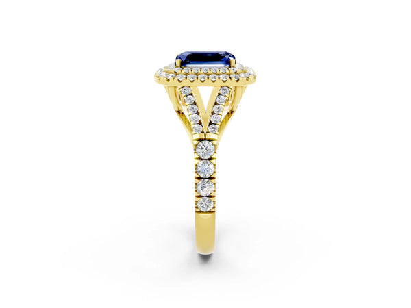 Yellow gold Emerald Cut Blue Sapphire Pavé Split Shank Double Halo Engagement Ring