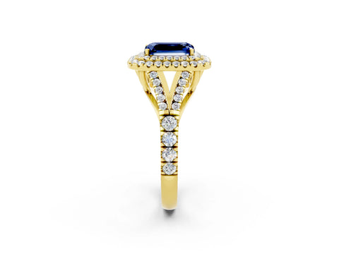 Yellow gold Emerald Cut Blue Sapphire Pavé Split Shank Double Halo Engagement Ring_2
