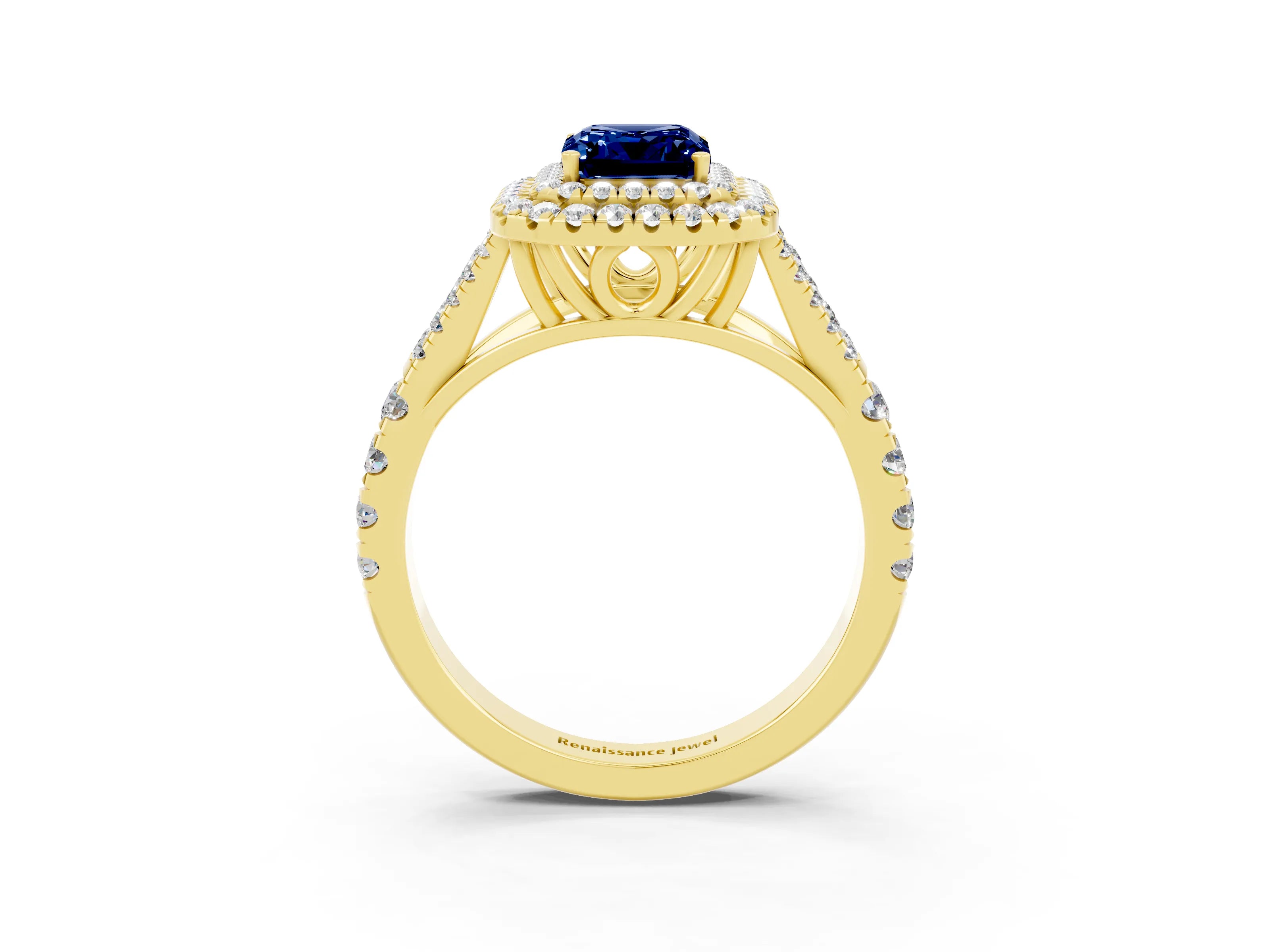 Yellow gold Emerald Cut Blue Sapphire Pavé Split Shank Double Halo Engagement Ring_3