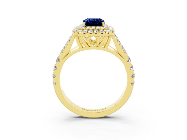 Yellow gold Emerald Cut Blue Sapphire Pavé Split Shank Double Halo Engagement Ring