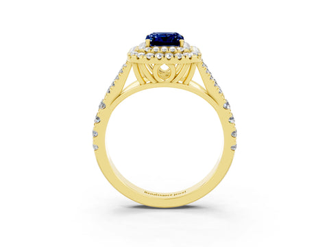 Yellow gold Emerald Cut Blue Sapphire Pavé Split Shank Double Halo Engagement Ring_3