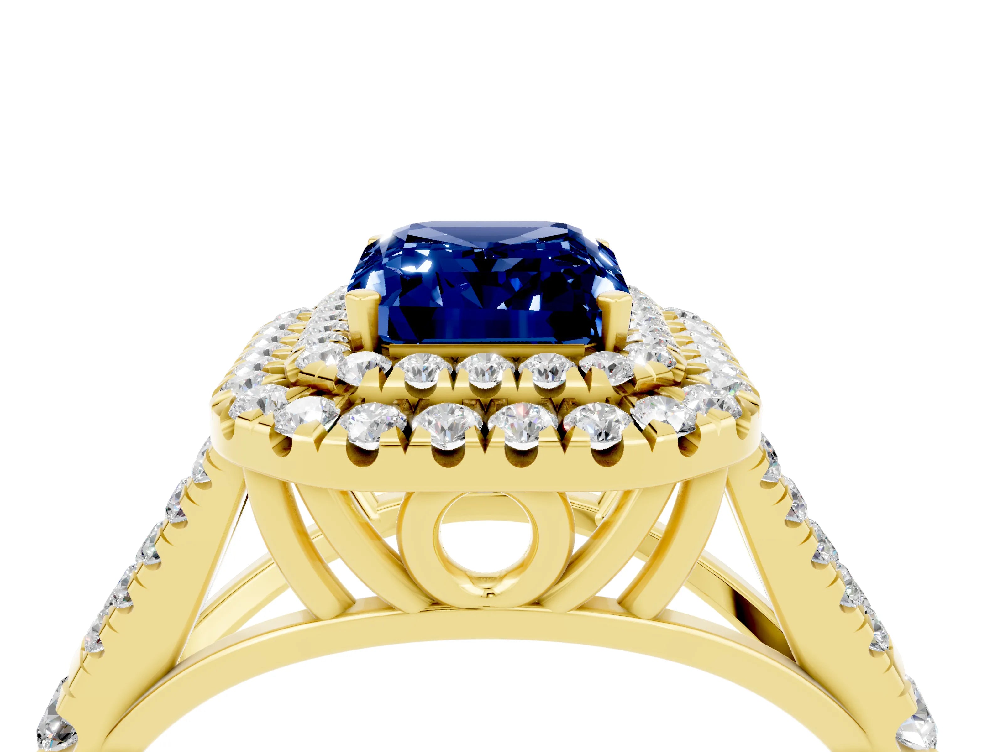 Yellow gold Emerald Cut Blue Sapphire Pavé Split Shank Double Halo Engagement Ring_4