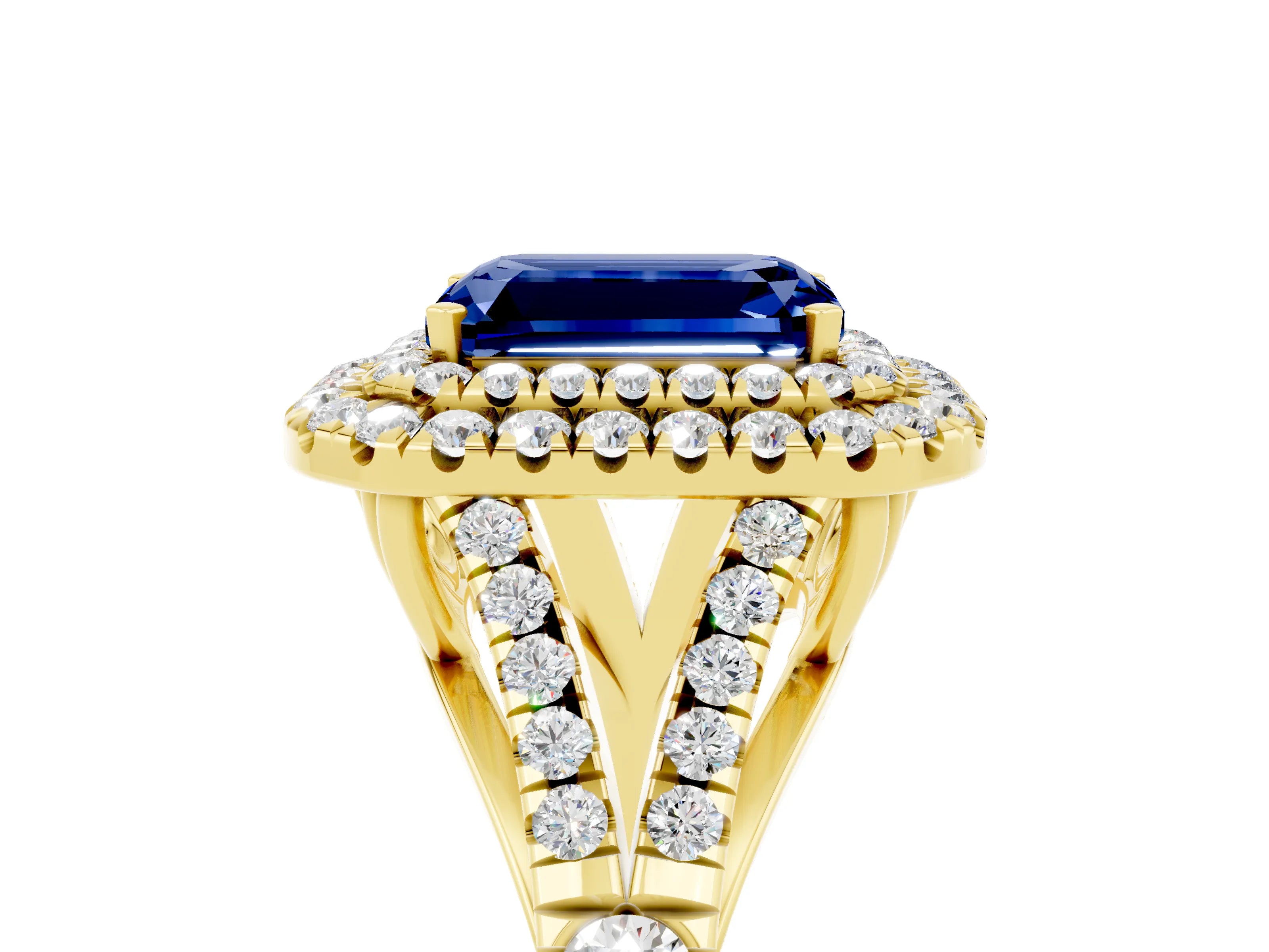 Yellow gold Emerald Cut Blue Sapphire Pavé Split Shank Double Halo Engagement Ring_5