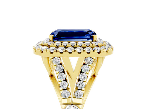 Yellow gold Emerald Cut Blue Sapphire Pavé Split Shank Double Halo Engagement Ring_5