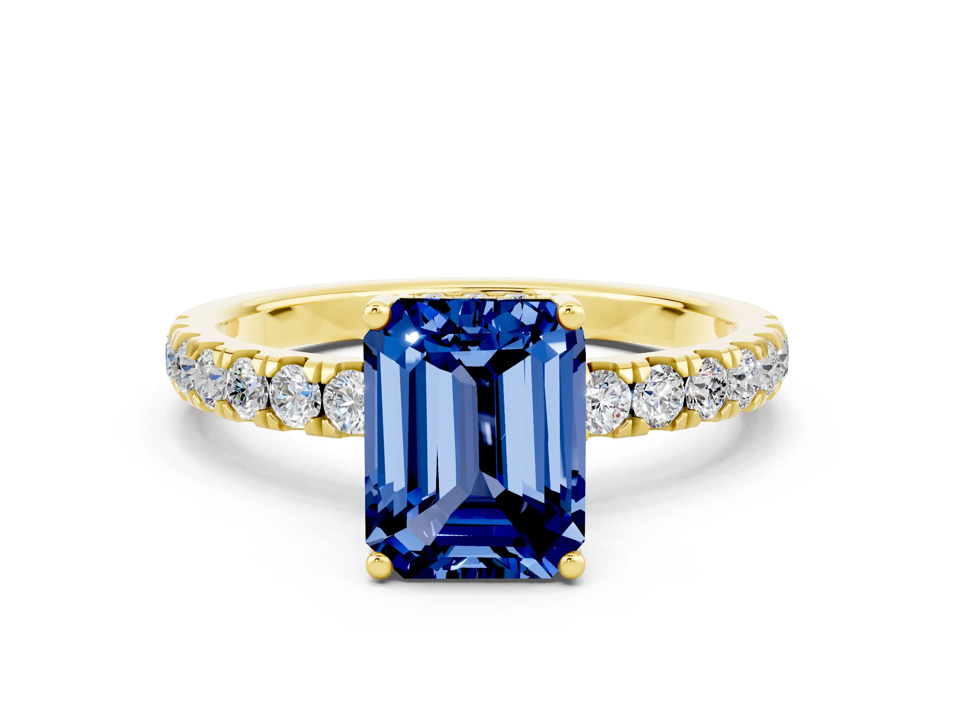 Yellow gold Emerald Cut Blue Sapphire Pave Band Solitaire Ring with Four-Prong Setting_24