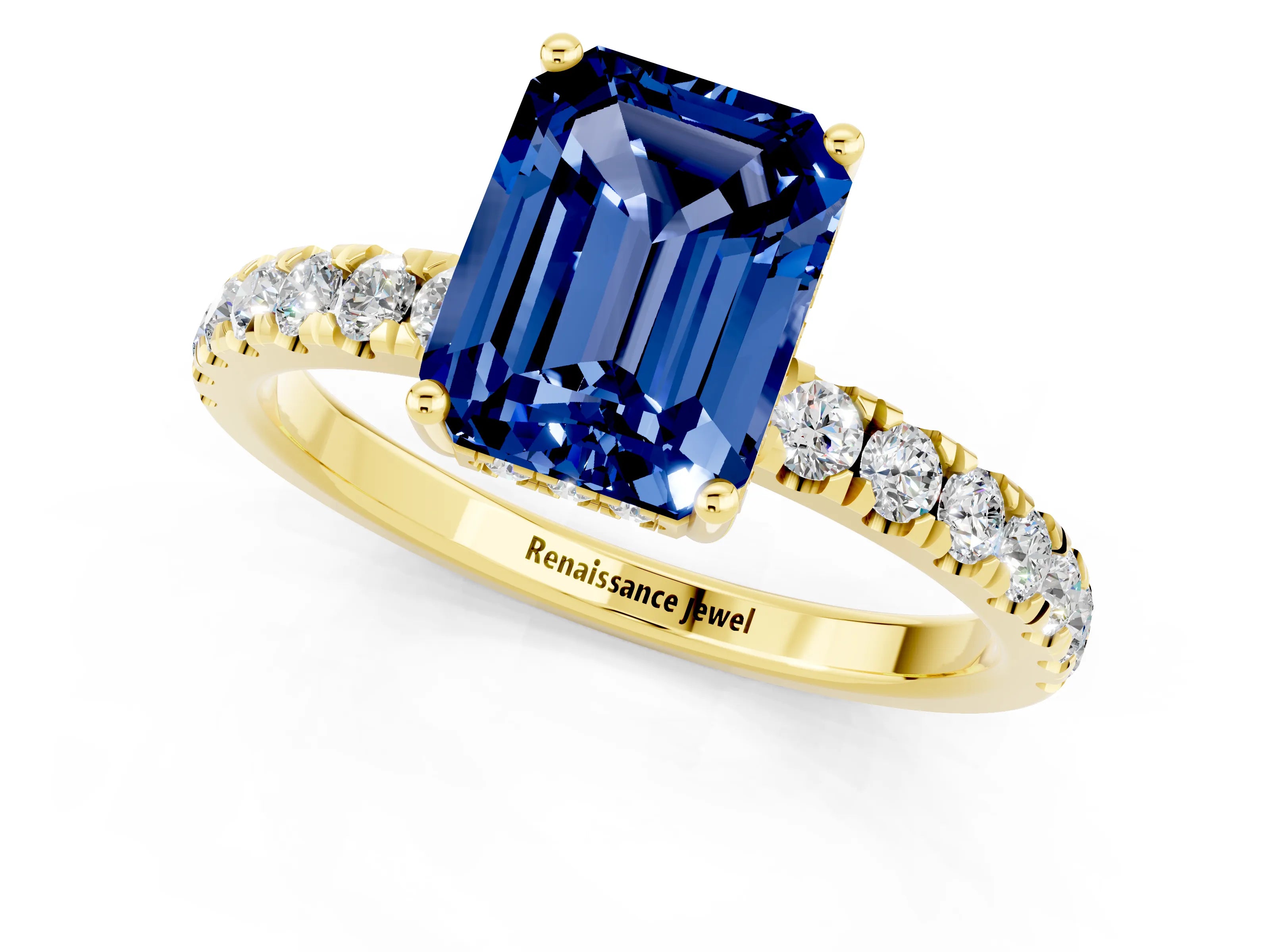 Yellow gold Emerald Cut Blue Sapphire Pave Band Solitaire Ring with Four-Prong Setting_25