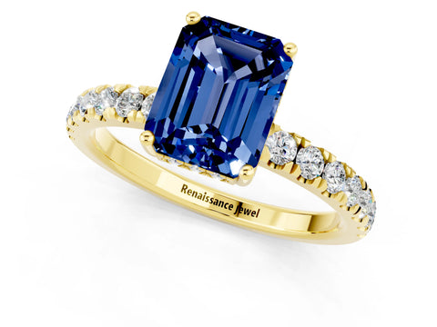 Yellow gold Emerald Cut Blue Sapphire Pave Band Solitaire Ring with Four-Prong Setting_25