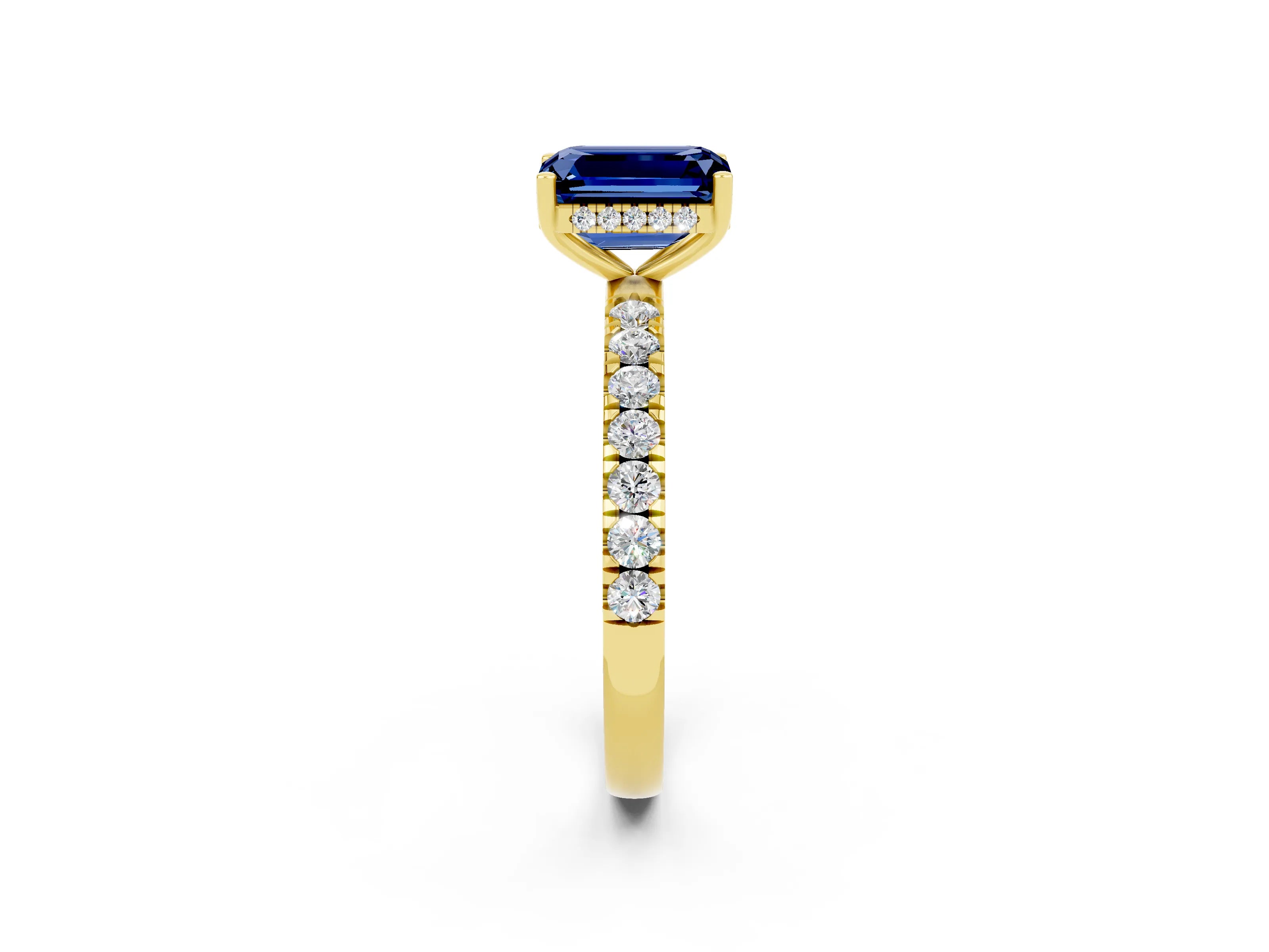 Yellow gold Emerald Cut Blue Sapphire Pave Band Solitaire Ring with Four-Prong Setting_26