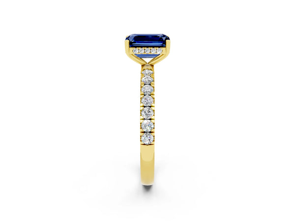 Yellow gold Emerald Cut Blue Sapphire Pave Band Solitaire Ring with Round  and Prong Setting