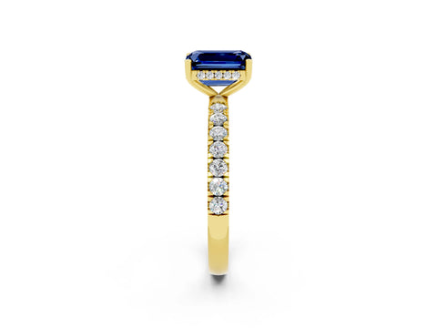 Yellow gold Emerald Cut Blue Sapphire Pave Band Solitaire Ring with Four-Prong Setting_26