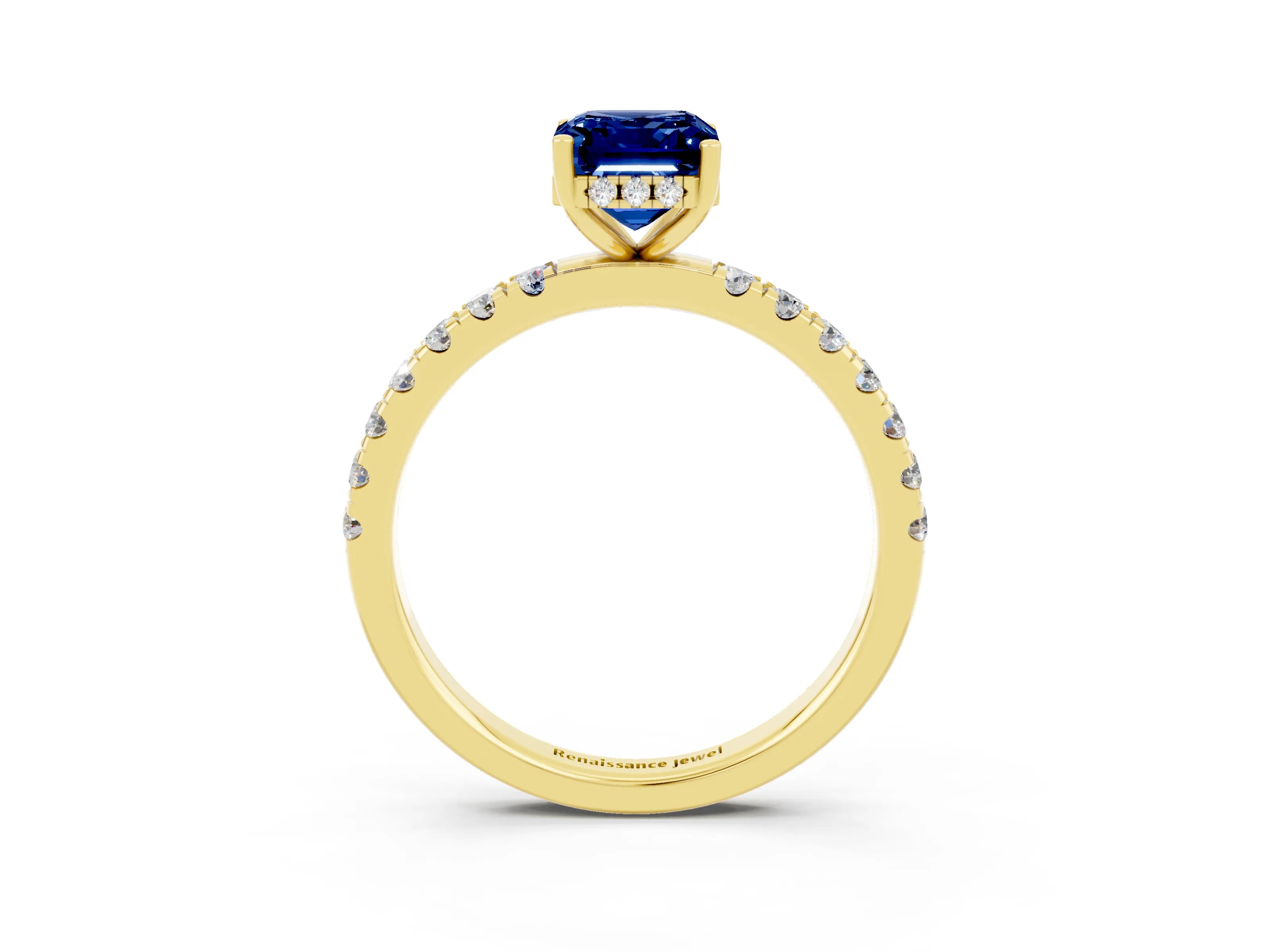 Yellow gold Emerald Cut Blue Sapphire Pave Band Solitaire Ring with Four-Prong Setting_27