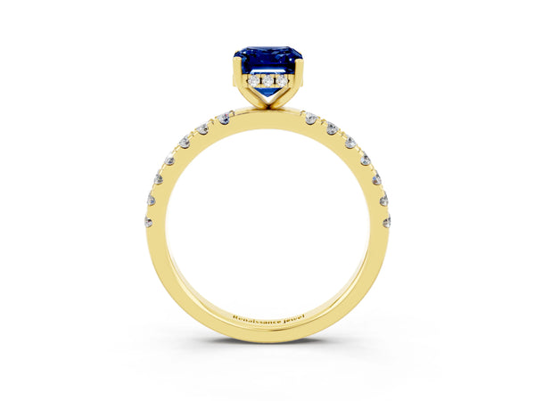 Yellow gold Emerald Cut Blue Sapphire Pave Band Solitaire Ring with Round  and Prong Setting