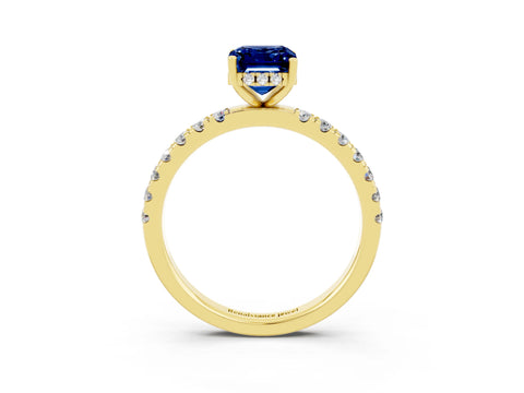 Yellow gold Emerald Cut Blue Sapphire Pave Band Solitaire Ring with Four-Prong Setting_27