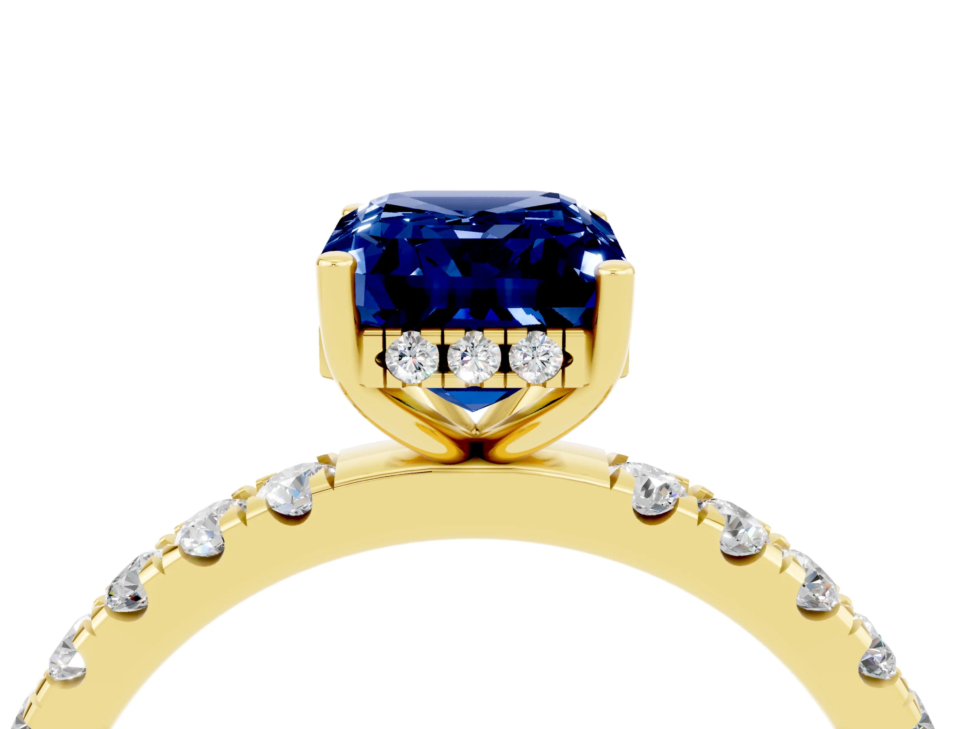 Yellow gold Emerald Cut Blue Sapphire Pave Band Solitaire Ring with Four-Prong Setting_28