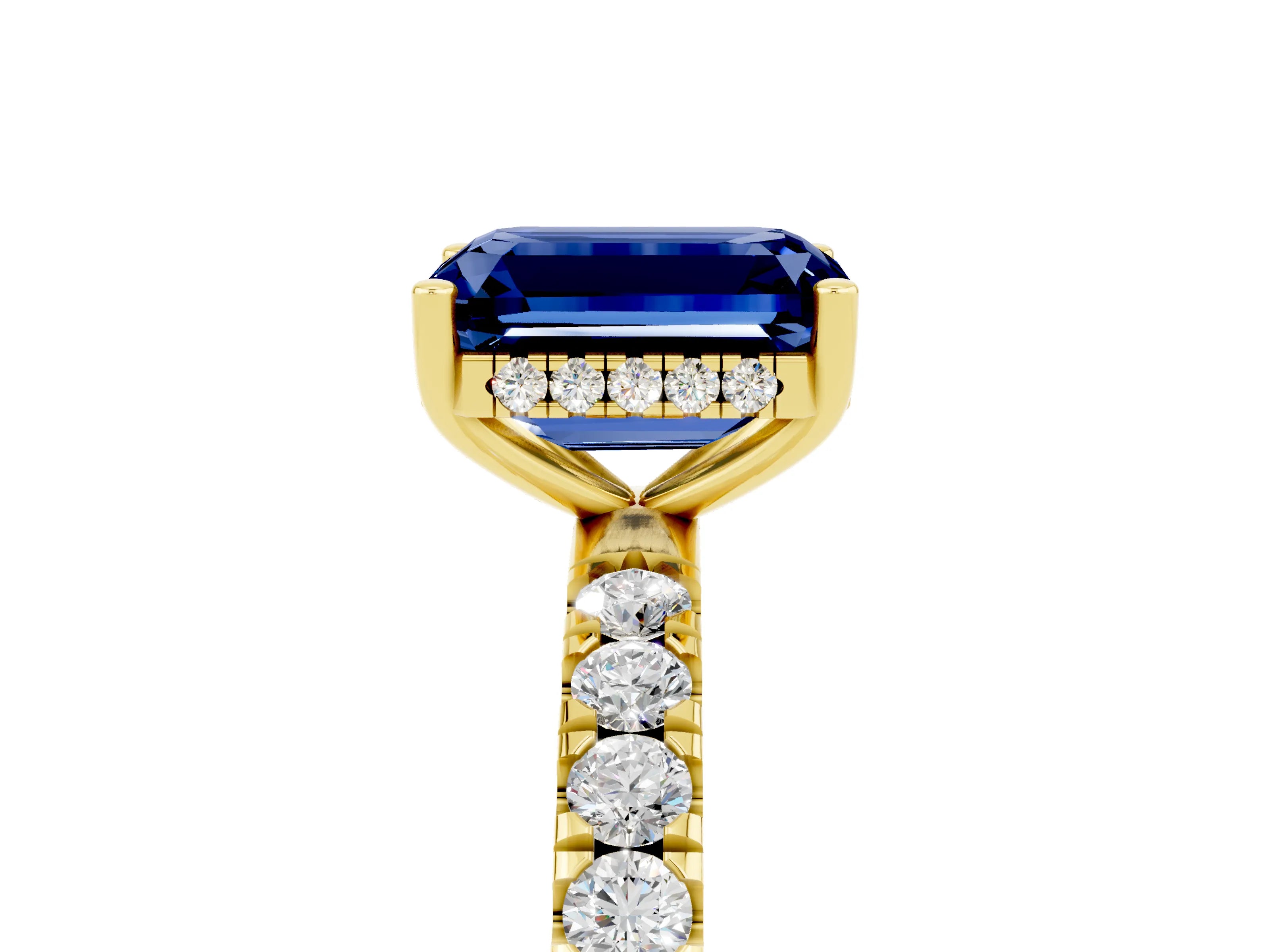 Yellow gold Emerald Cut Blue Sapphire Pave Band Solitaire Ring with Four-Prong Setting_29
