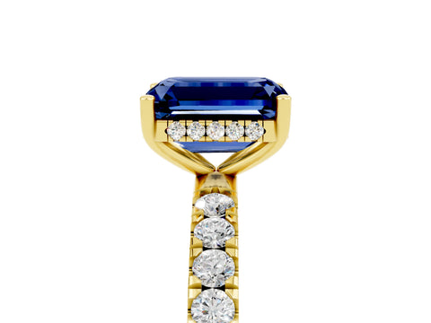 Yellow gold Emerald Cut Blue Sapphire Pave Band Solitaire Ring with Four-Prong Setting_29