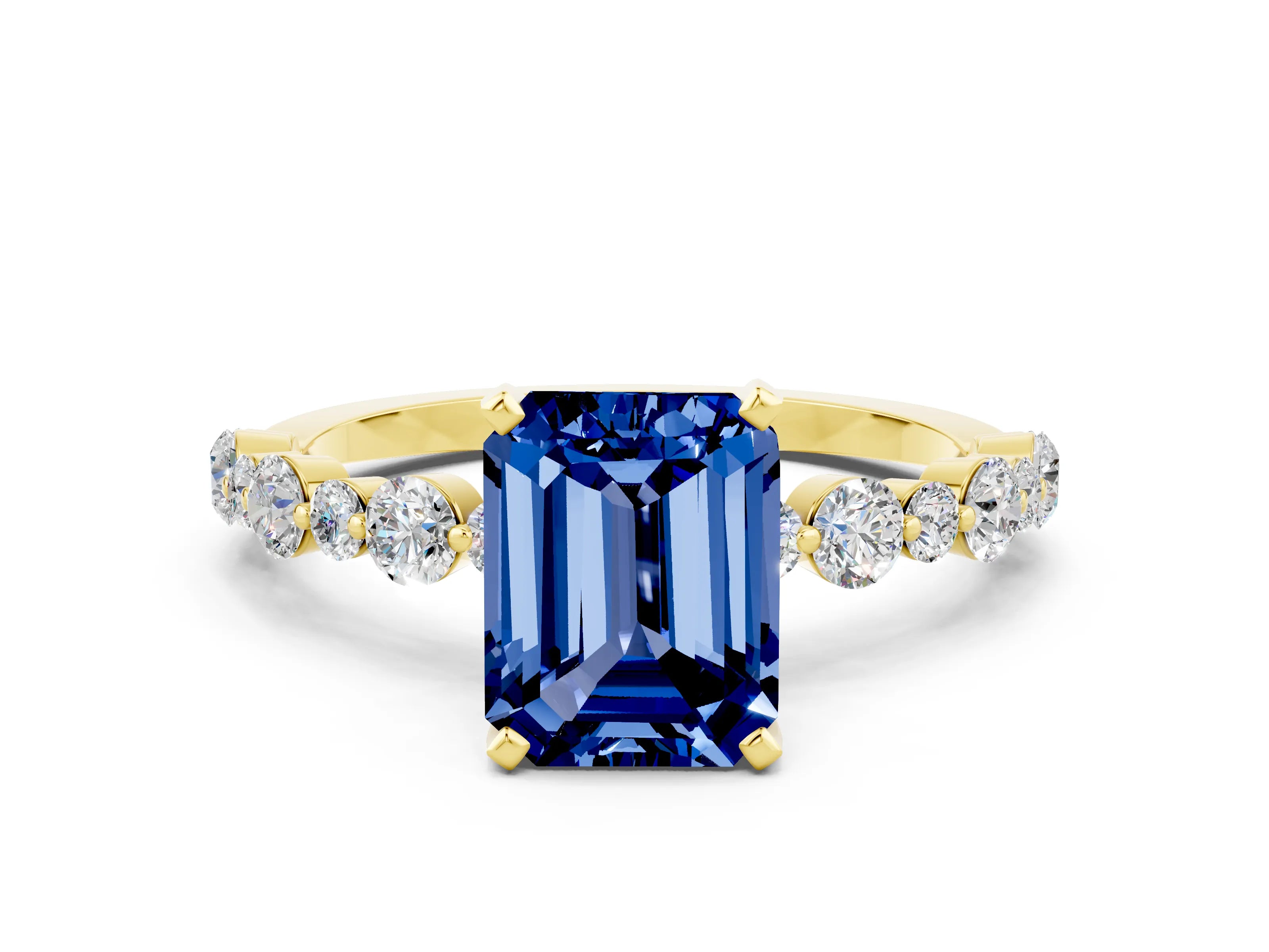Yellow gold Emerald Cut Blue Sapphire Prong Set Engagement Ring with Pavé Band