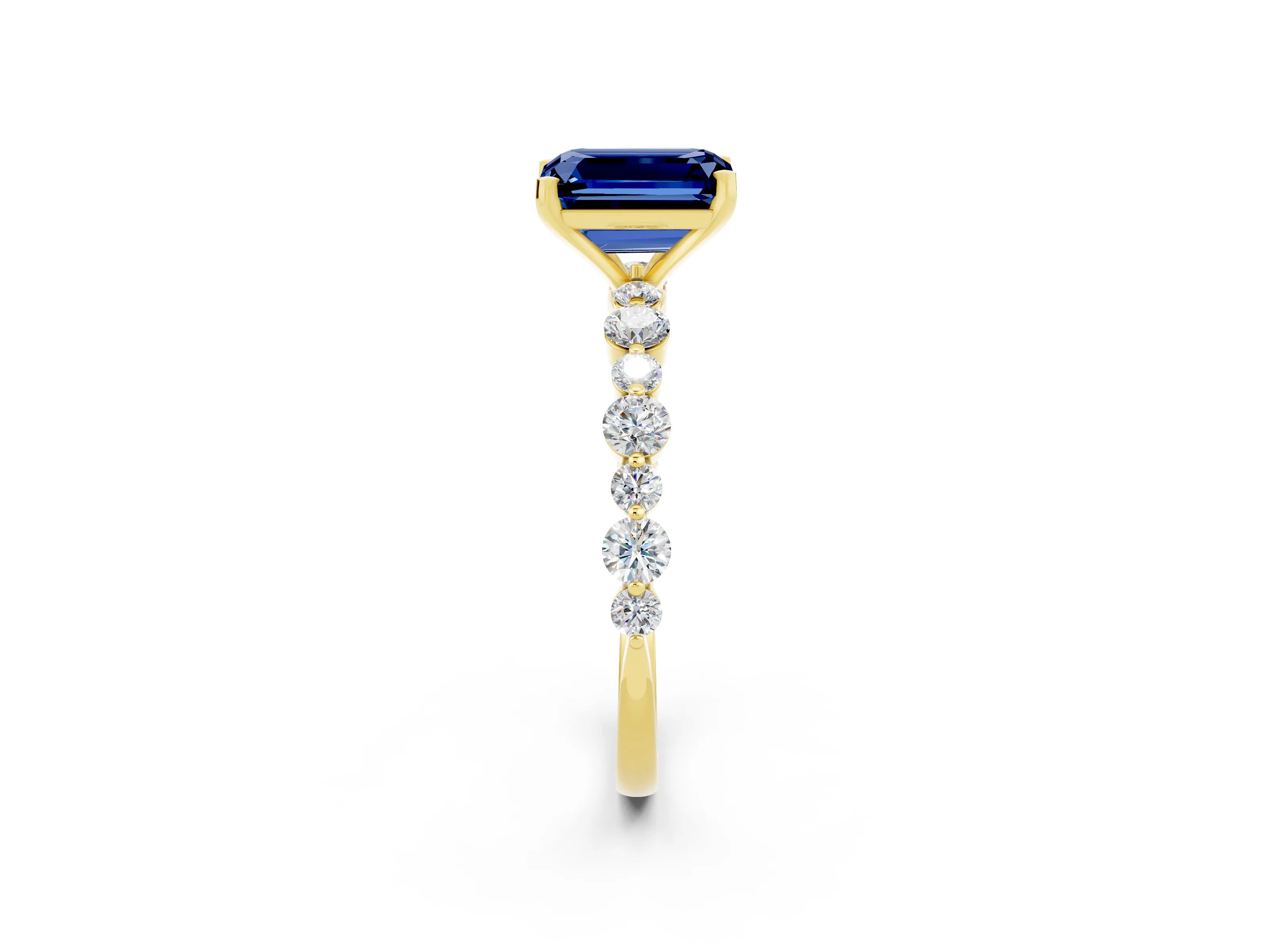 Yellow gold Emerald Cut Blue Sapphire Prong Set Engagement Ring with Pavé Band_2