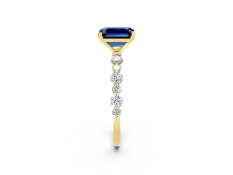 Yellow gold Emerald Cut Blue Sapphire Prong Set Engagement Ring with Pavé Band_2