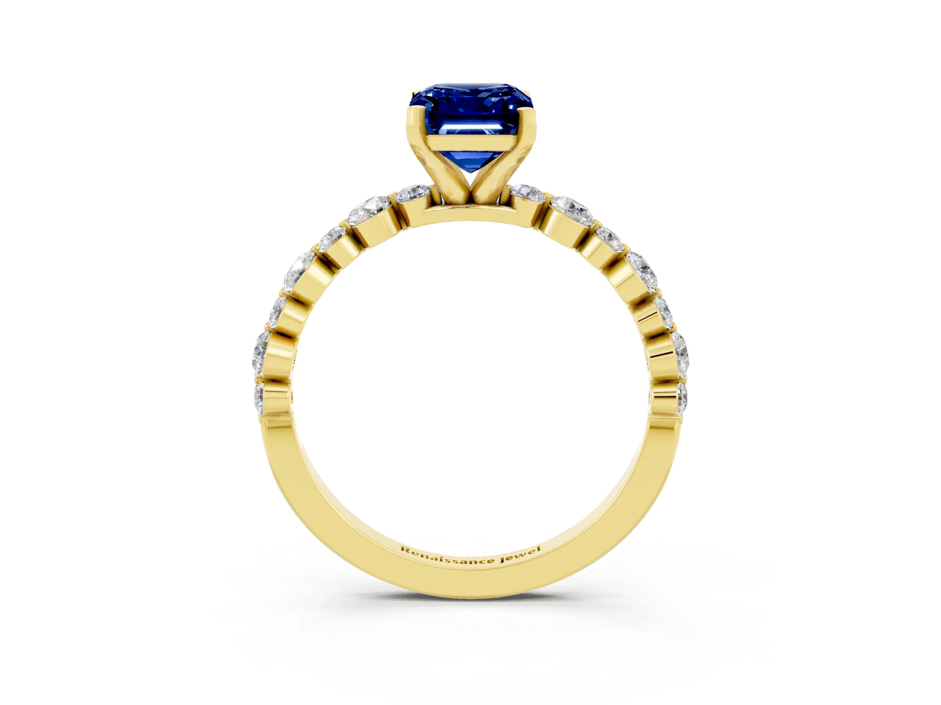 Yellow gold Emerald Cut Blue Sapphire Prong Set Engagement Ring with Pavé Band_3