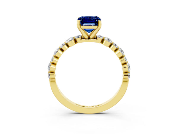 Yellow gold Emerald Cut Blue Sapphire Prong Set Engagement Ring with Pavé Band