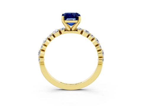Yellow gold Emerald Cut Blue Sapphire Prong Set Engagement Ring with Pavé Band_3