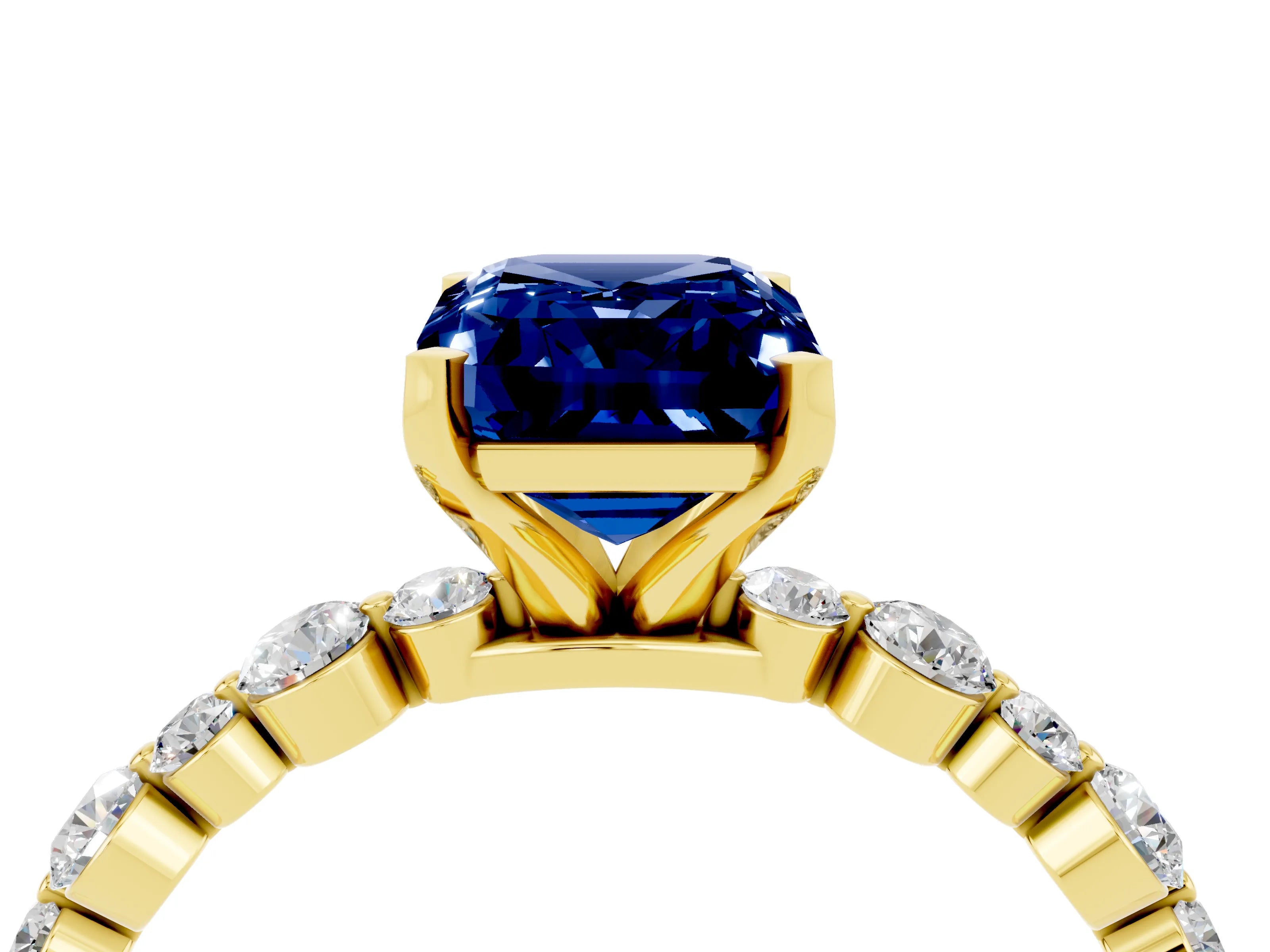 Yellow gold Emerald Cut Blue Sapphire Prong Set Engagement Ring with Pavé Band_4