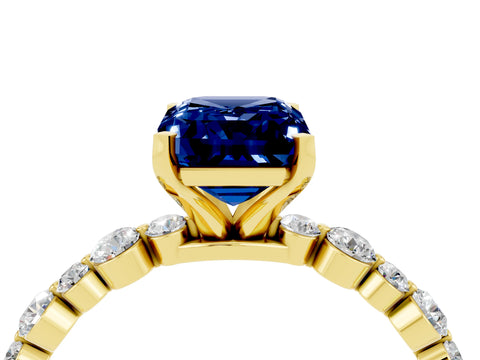 Yellow gold Emerald Cut Blue Sapphire Prong Set Engagement Ring with Pavé Band_4