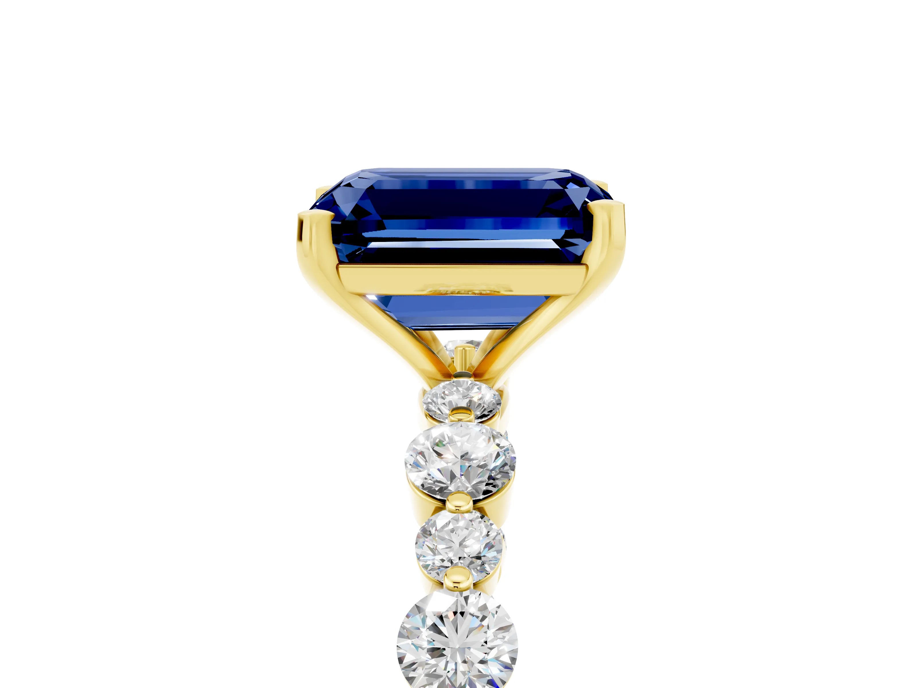 Yellow gold Emerald Cut Blue Sapphire Prong Set Engagement Ring with Pavé Band_5
