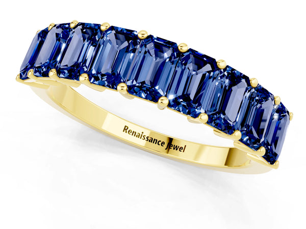 Yellow gold Emerald Cut Blue Sapphire Prong-Set Eternity Band