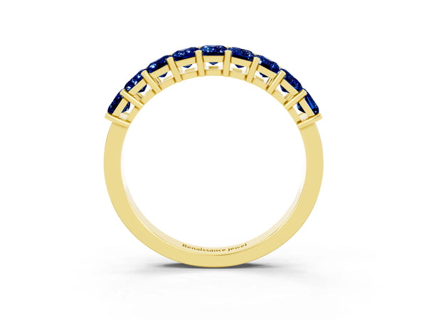 Yellow gold Emerald Cut Blue Sapphire Prong-Set Eternity Band
