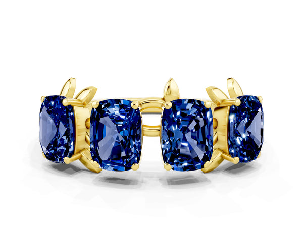 Yellow gold Emerald Cut Blue Sapphire Prong-Set Half Eternity Band