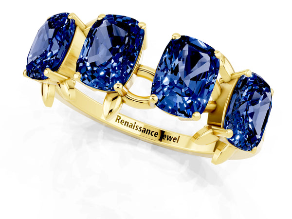 Yellow gold Emerald Cut Blue Sapphire Prong-Set Half Eternity Band
