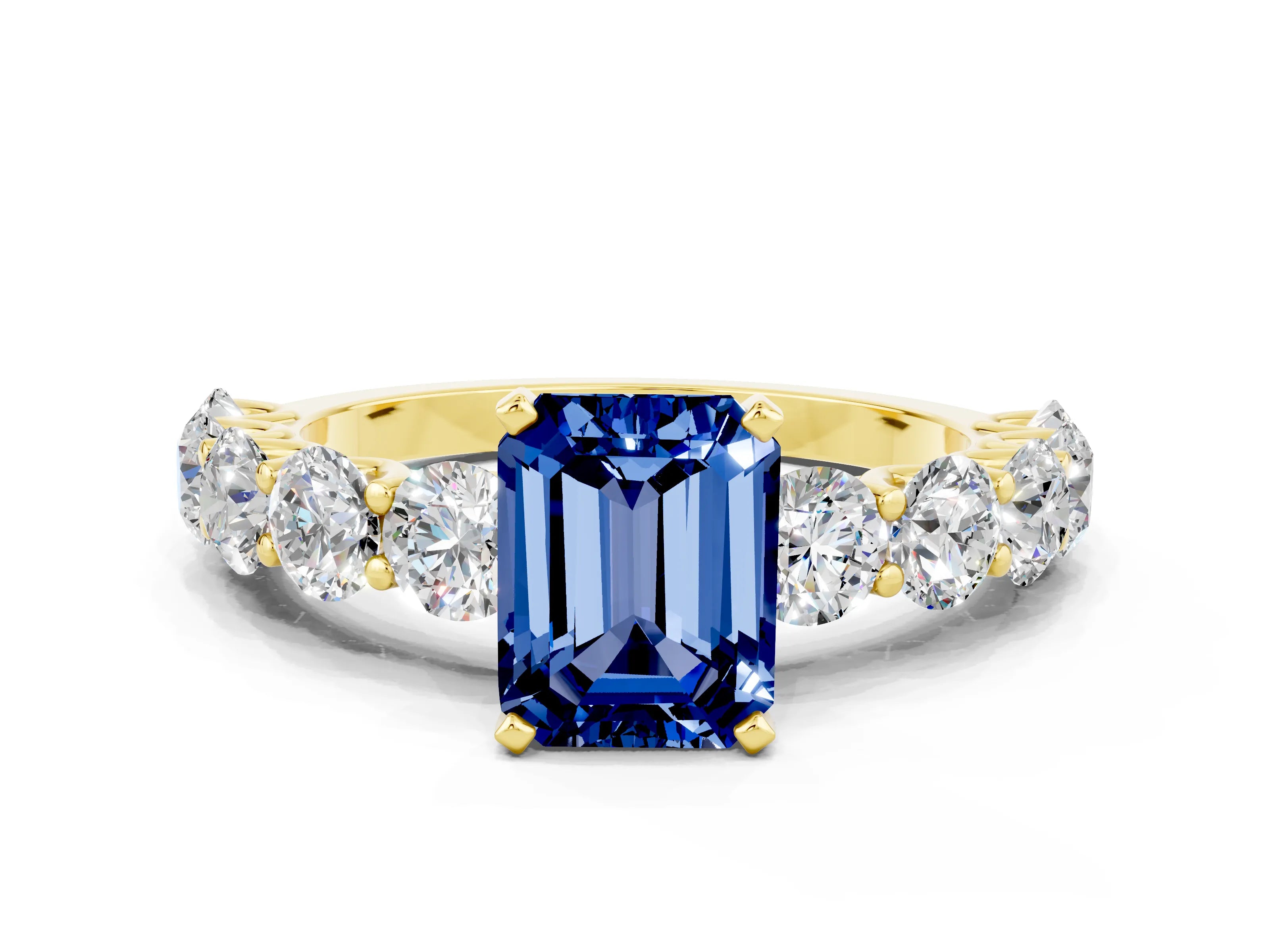 Yellow gold Emerald Cut Blue Sapphire Prong Setting with Side Stones on a Pave Band