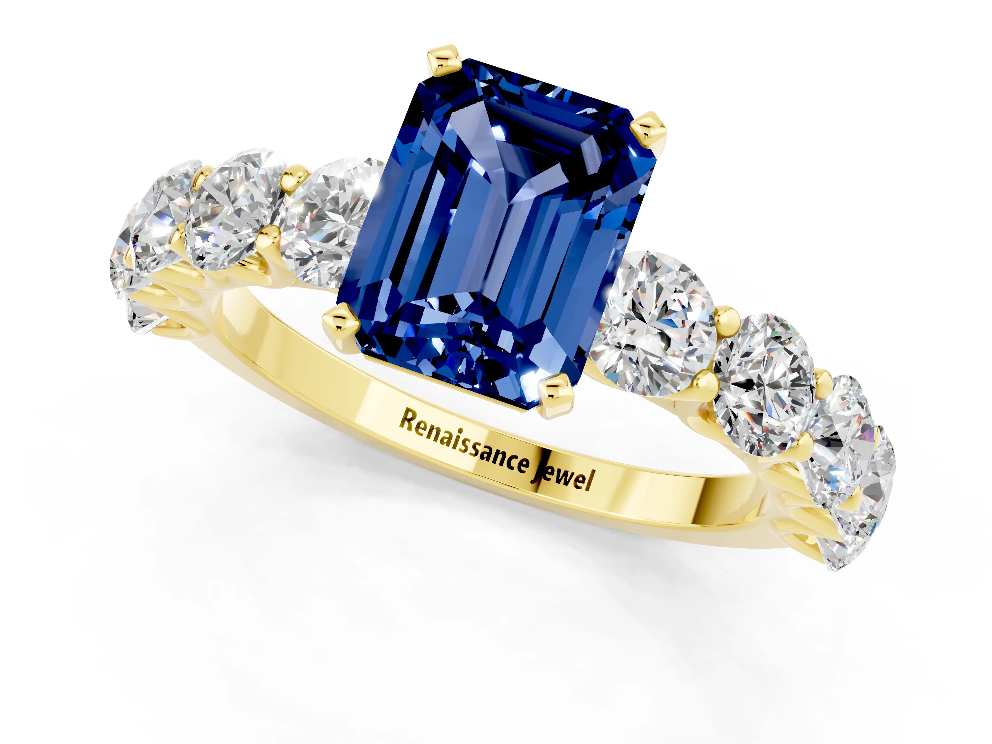 Yellow gold Emerald Cut Blue Sapphire Prong Setting with Side Stones on a Pave Band_1