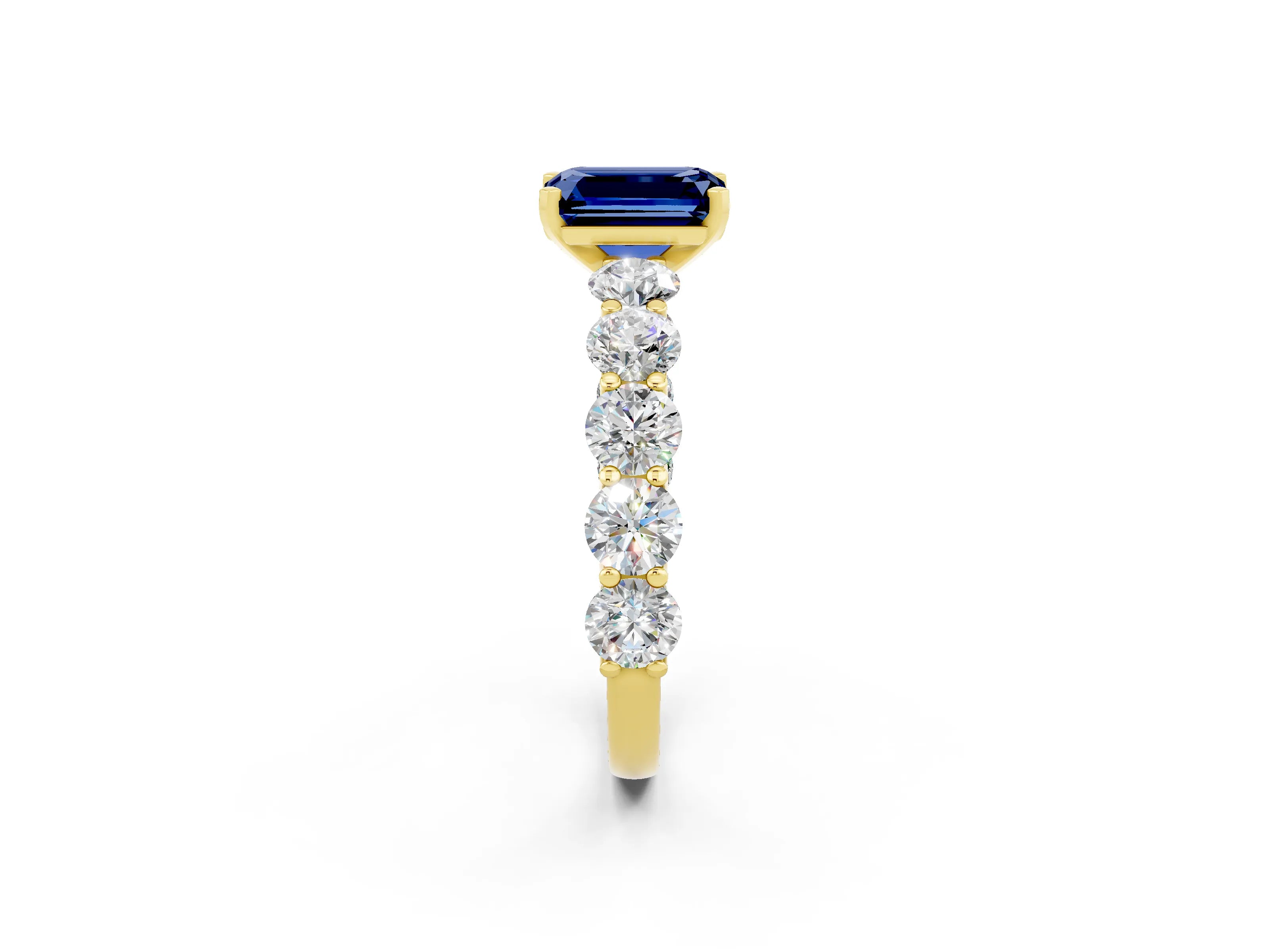 Yellow gold Emerald Cut Blue Sapphire Prong Setting with Side Stones on a Pave Band_2