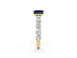 Yellow gold Emerald Cut Blue Sapphire Prong Setting with Side Stones on a Pave Band_2